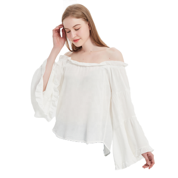 off-shoulder loose fit blouse for girls with large bell flared sleeves white rayon soft women blouse with ruffles